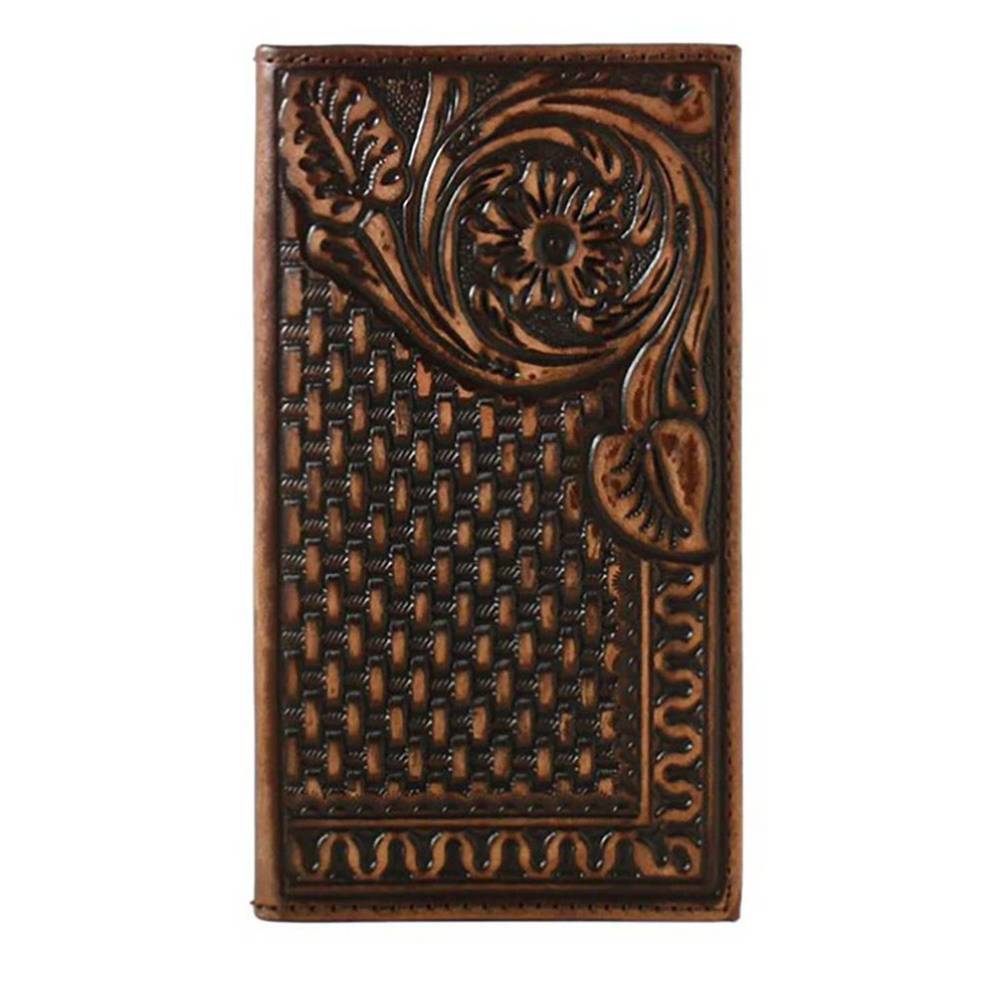 NEW 3D BELT COMPANY men's leather floral basketweave wallet in brown